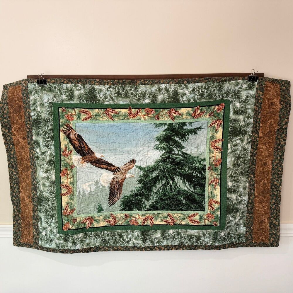 Handmade Soaring Bald Eagle Pine Tree Bear Lap Blanket Quilt Throw 66”x40”